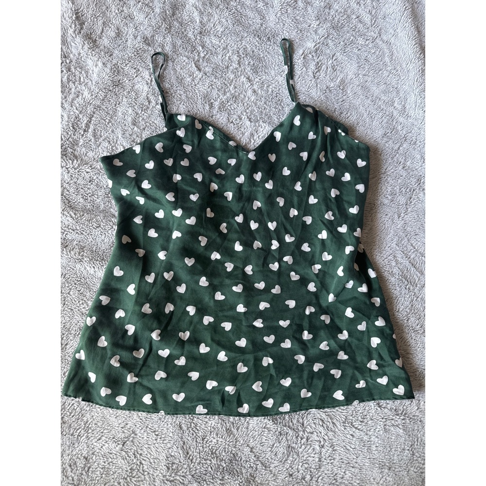 SILKSILKY 100% Silk Heart Print Camisole Green Y2K Coquette Cami Size M